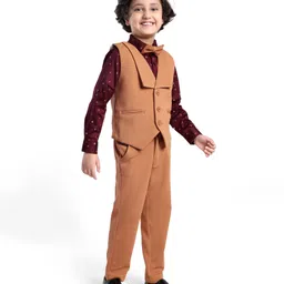 Robo Fry Woven Full Sleeves Printed 3 Piece Party Suit With Bow - Gold image 2