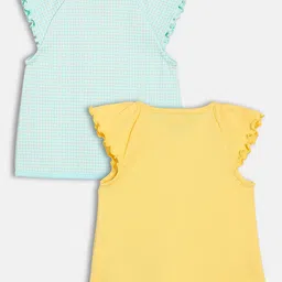 MINI KLUB Cotton Knit Pack Of 2 Cap Sleeves Cat Printed & Checked Jhablas - Blue & Mustard image 3