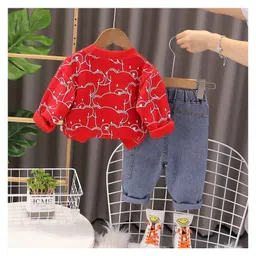 POP STREET KIDS Cotton Knit Full Sleeves Teddy Printed Light Winter Sweatshirt With Jeans Set - Red image 3