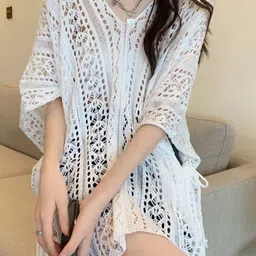 StyleCast White Self Design Kaftan Dress with Kimono Sleeves-image-72