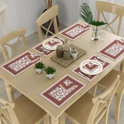 The Craft Monk 12-Pcs Brown & White Printed Pure Cotton Table Placemats & Napkins image 1