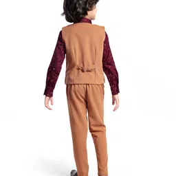 Robo Fry Woven Full Sleeves Printed 3 Piece Party Suit With Bow - Gold image 3