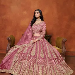 ODETTE Embroidered Thread Work Net Semi-Stitched Lehenga & Unstitched Blouse With Dupatta image 3