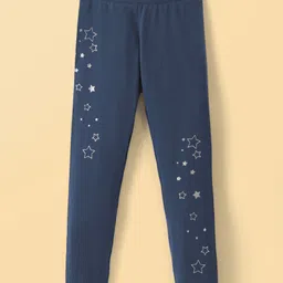 Honeyhap Premium Cotton Elastane Single Jersey Leggings with Bio Finish Star Foil & Text Print Pack of 2 - Cabbage Blue & Navy Peony image 4