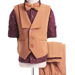 Robo Fry Woven Full Sleeves Printed 3 Piece Party Suit With Bow - Gold image 4