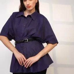 Globus Women Purple Spread Collar Extended Sleeves Flared Hem Pleated Shirt-picture-28