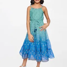 Global Desi Girl Kids Blue Floral Print Casual Dress-picture-16