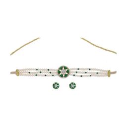 Sri Jagdamba Pearls Haarshini Pearl White & Green Alloy Necklace & Earring Set-picture-39