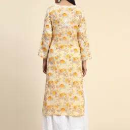 House of Kari Light Yellow Noor Printed Emb Kurta in Mul image 4