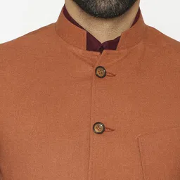 Wintage Men Rust Orange Woven Design Nehru Jacket image 3