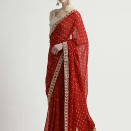 Jaipur Kurti Red Embroidered Saree With Unstitched Blouse image 4