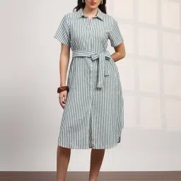 Globus Women Green Stripes Printed Collared Neck Curved Hem Button-Down Belted Shirt Style Dress-image-6