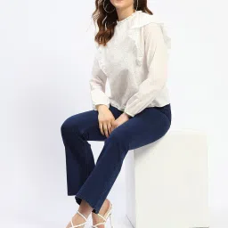 MADAME Off White Cotton Self Design Top image 4