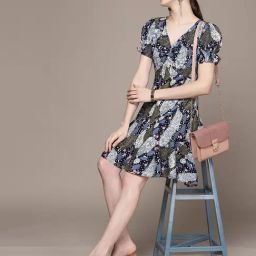 Label Ritu Kumar Blue Rayon Botanic Print Fit & Flare Short Dress-picture-5
