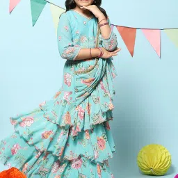 Biba Girls Turquoise Printed Embellished Lehenga Set image 4