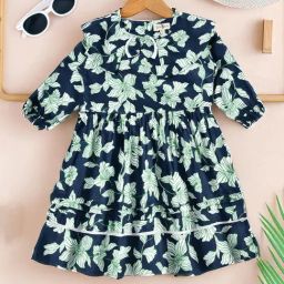 Bella Moda Girls Navy Cotton Three Fourth Sleeves Leaves Printed Dress-picture-38