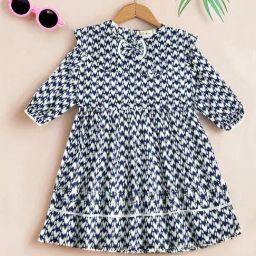 Bella Moda Girls Blue Cotton Three Fourth Sleeves Abstract Printed Dress-picture-30