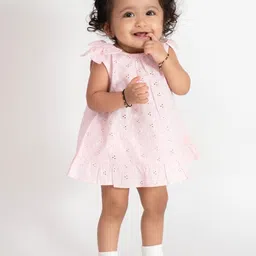 haus & kinder Girls Self Design Embroidered Schifli Cotton A-Line Dress With Blommer-picture-16