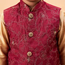 VASTRAMAY Boys Maroon & Rose Gold Embroidery Full Sleeves Kurta Sets image 4