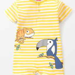 Babyhug 100% Cotton Knit Half Sleeves Striped  Romper with Chameleon &  Toucan Bird Print - Yellow-picture-23