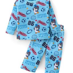 Babyhug Cotton Knit Full Sleeves Night Suit Football Print- Blue-picture-6
