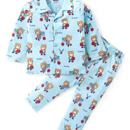 Babyhug Cotton Knit Full Sleeves Front Open Night Suit Bear Print - Sky Blue-picture-12