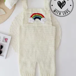 Woonie Sleeveless Crochet Rainbow Detailed Dungaree - Cream-image-8