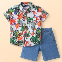 Babyhug Cotton Woven Half Sleeves Animal Printed Shirt & Denim Shorts Set - White & Blue-image-13