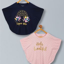 Plum Tree Viscose Pack Of 2 Half Batwing Sleeves Hola Beautiful & Superstar Text Printed Poncho Tops - Pink & Navy Blue-picture-44