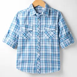 kookie kids india Kookie Kids Cotton Woven Full Sleeves Checkered Shirt with Flap Pocket - Light Blue-picture-36