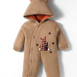 Yellow Apple Knit Full Sleeves Winter Wear Hooded Romper With Bunny Embroidery - Beige-picture-37