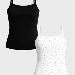 Charm n Cherish Cotton Blend Knit Pack Of 2 Sleeveless Solid & Hearts Printed Camisoles - White & Black-picture-16