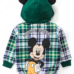 Babyoye Disney Terry Knit Full Sleeves Checkered Hooded Sweat Jacket with Front & Back Mickey Mouse Graphics and 3D Applique - Dark Green image 2