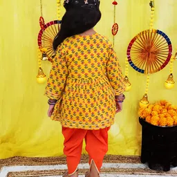 Bownbee Pure Cotton Woven Three Fourth Sleeves Floral Motifs Printed Gota Lace Embellished Kurti With Dhoti Set - Yellow image 3