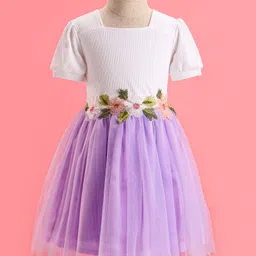 Mark & Mia Net Woven Half Puffed Sleeves Party Frock with Floral Applique - Lavender image 3
