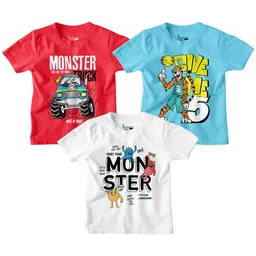 BonOrganik Boys Pack of 3 Typography Printed Round Neck Cotton T-shirts-image-44