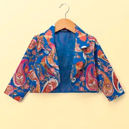 Pine Kids Woven Choli Lehenga Set with Full Sleeves Jacket & Floral Print - White & Blue image 4