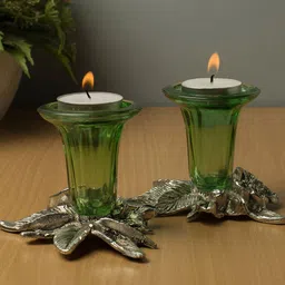 Homesake Set of 2 Green & Silver-Toned Antique Candle Holders image 1