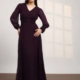Globus Women Burgundy V-Neck Bishop Sleeves Smocked Georgette Fit & Flare Maxi Party Dress-image-99