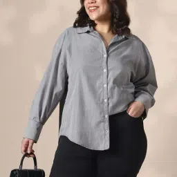 Globus Gloplus Women Black Collared Neck Striped Curved Hemline Oversize Workwear Plus Size Shirt-image-78