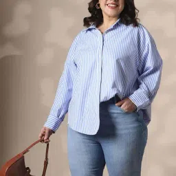 Globus Gloplus Women Blue Collared Neck Striped Curved Hemline Oversize Workwear Plus Size Shirt-image-98