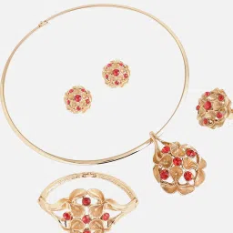 SOHI Gold Plated Designer Stone Necklace, Earring, Ring and Bracelet Set For Women image 4