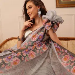 Silk Land Grey Printed Saree With Unstitched Blouse image 4