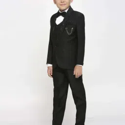 Kids Island Boys Black & White Self Full Sleeves Suit Set image 2
