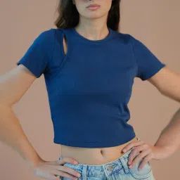 VIRGIO Navy Blue Regular Fit Solid Top image 4