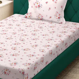 KLOTTHE Pink & Grey Floral Printed 300 TC Fitted Single Bedsheet With Pillow Cover image 2