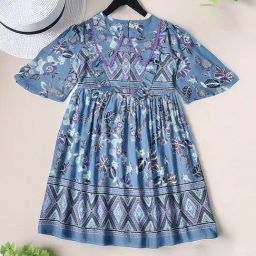 Bella Moda Girls Blue Cotton Three Fourth Sleeves Abstract Printed Dress-picture-38