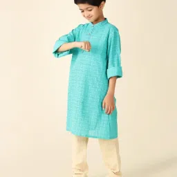 Fabindia Kids Teal Printed Full Sleeves Kurta image 4