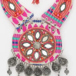 Moedbuille Mirrors Studded Embroidery Work Afghan Design Oxidised Silver Plated Tasselled Necklace image 4