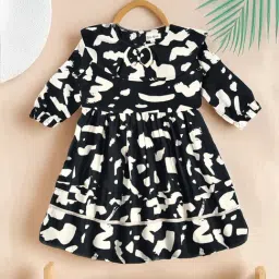 Bella Moda Girls Black Cotton Three Fourth Sleeves Abstract Printed Dress-picture-12